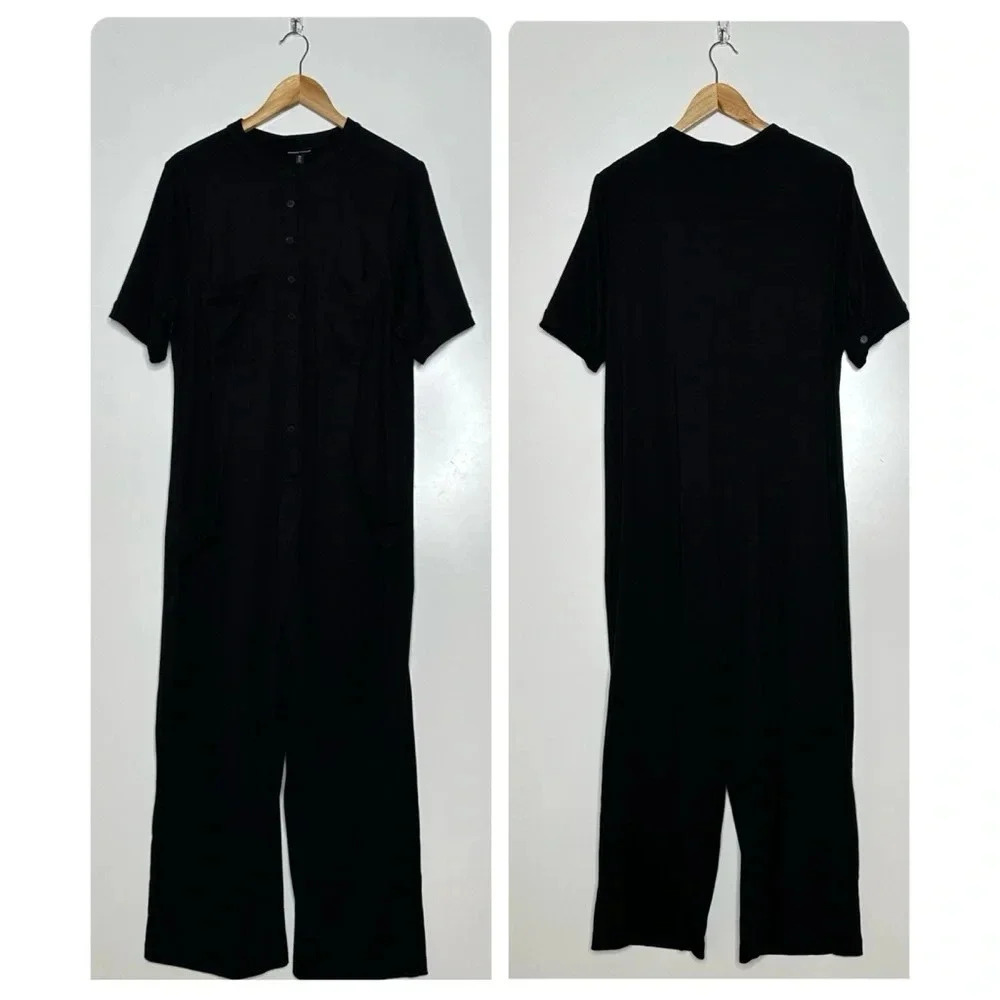 Universal Standard Black Button Front Wide Leg Jumpsuit Coveralls Size XS 10-12